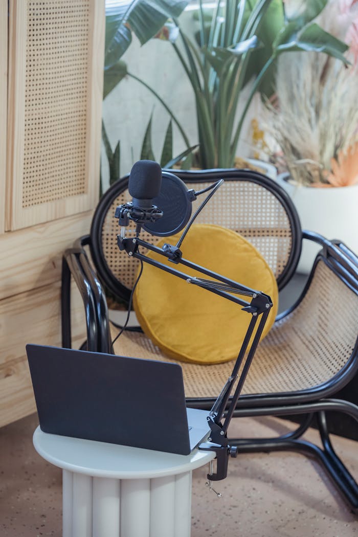 services-04 Modern laptop and microphone on tripod placed near wicker chair in modern studio before recording podcast